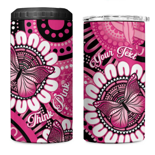 Personalised Australia Indigenous 4 in 1 Can Cooler Tumbler Breast Cancer Ribbon Think Pink - Black Version LT14
