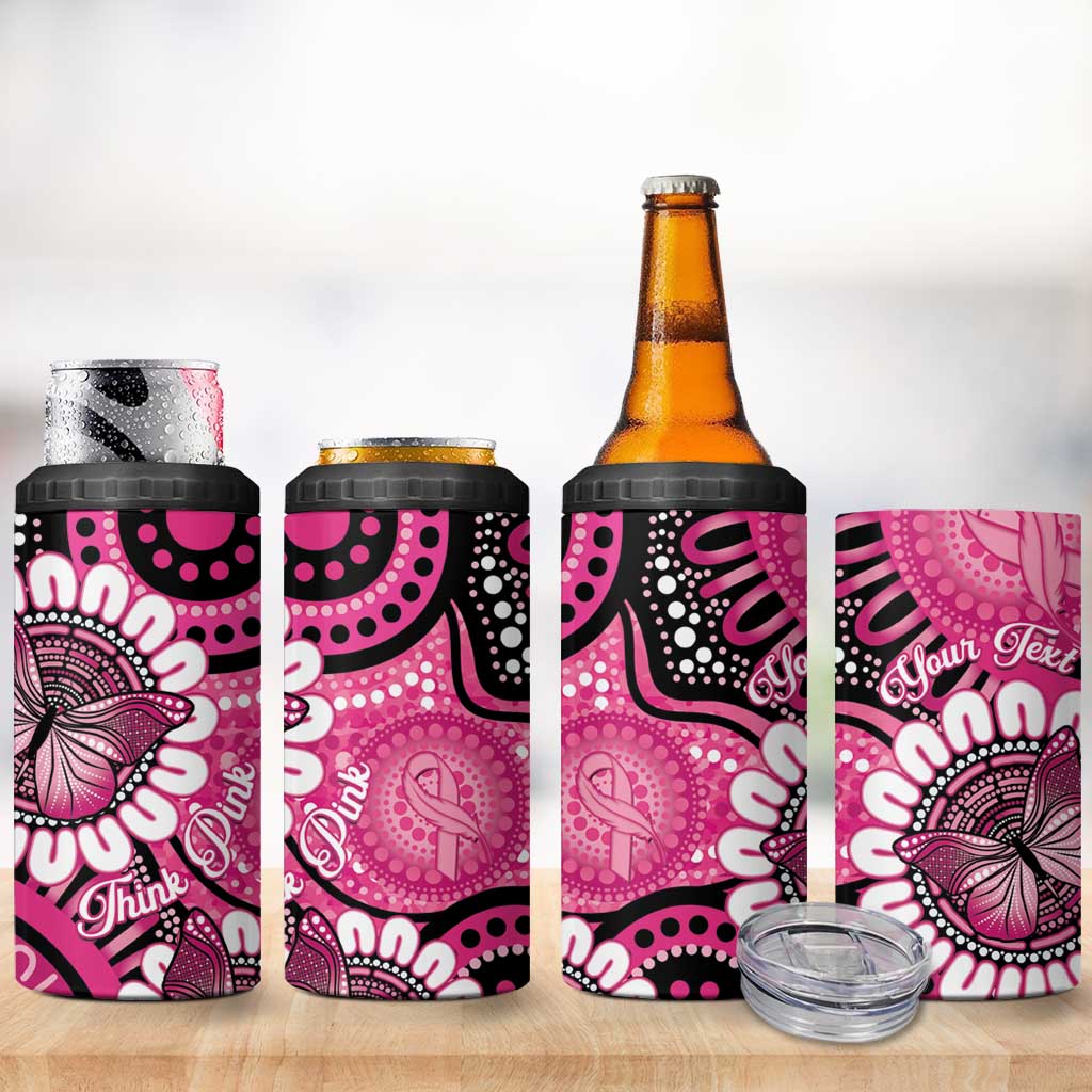 Personalised Australia Indigenous 4 in 1 Can Cooler Tumbler Breast Cancer Ribbon Think Pink - Black Version LT14
