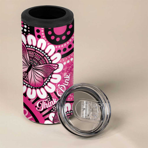 Personalised Australia Indigenous 4 in 1 Can Cooler Tumbler Breast Cancer Ribbon Think Pink - Black Version LT14
