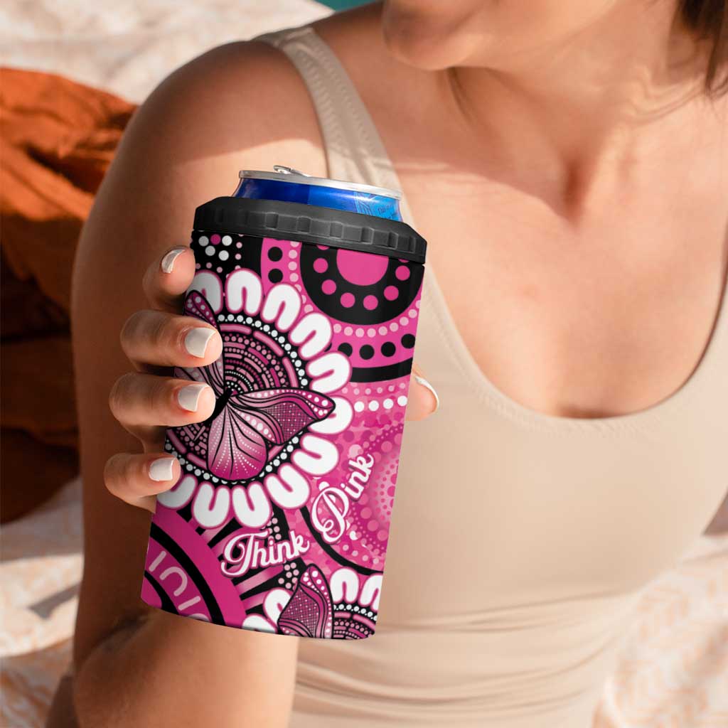 Personalised Australia Indigenous 4 in 1 Can Cooler Tumbler Breast Cancer Ribbon Think Pink - Black Version LT14