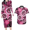 Personalised Australia Indigenous Couples Matching Long Sleeve Bodycon Dress and Hawaiian Shirt Breast Cancer Ribbon Think Pink - Black Version LT14