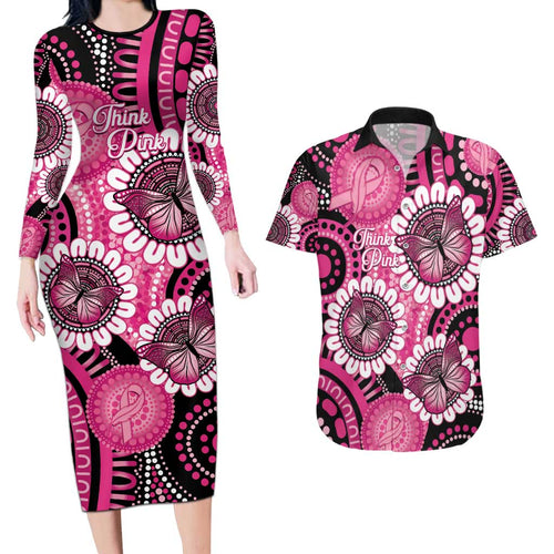 Personalised Australia Indigenous Couples Matching Long Sleeve Bodycon Dress and Hawaiian Shirt Breast Cancer Ribbon Think Pink - Black Version LT14