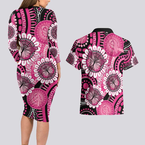 Personalised Australia Indigenous Couples Matching Long Sleeve Bodycon Dress and Hawaiian Shirt Breast Cancer Ribbon Think Pink - Black Version LT14