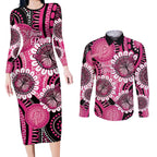 Personalised Australia Indigenous Couples Matching Long Sleeve Bodycon Dress and Long Sleeve Button Shirt Breast Cancer Ribbon Think Pink - Black Version LT14