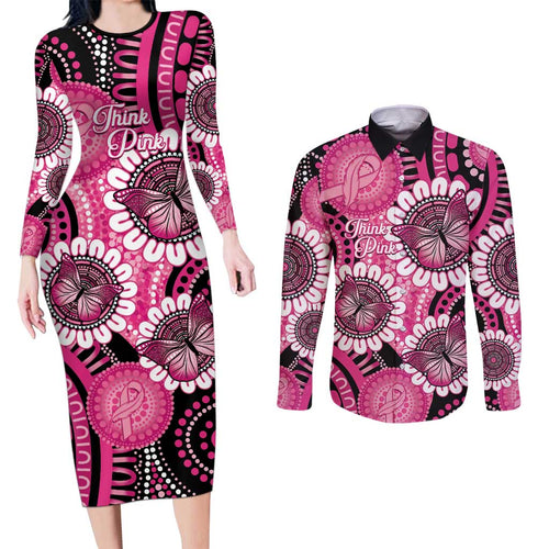 Personalised Australia Indigenous Couples Matching Long Sleeve Bodycon Dress and Long Sleeve Button Shirt Breast Cancer Ribbon Think Pink - Black Version LT14