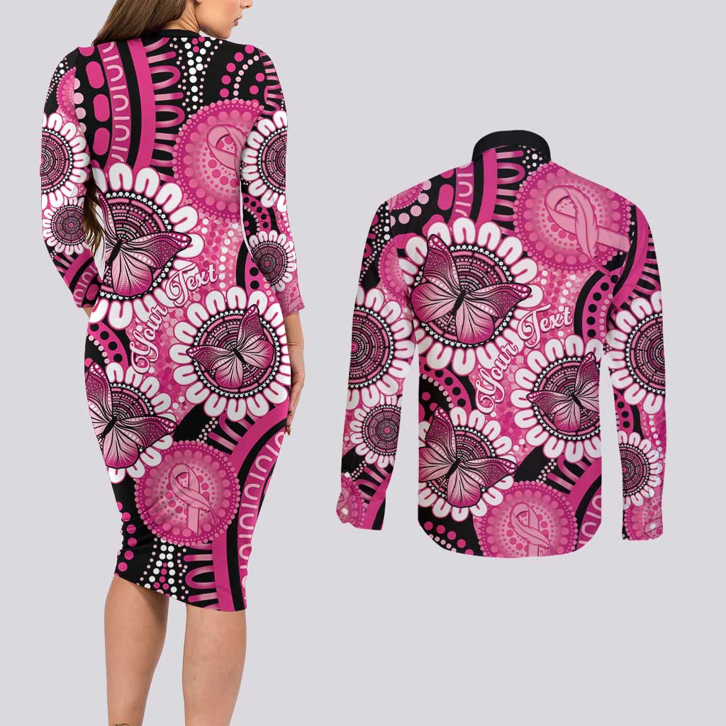 Personalised Australia Indigenous Couples Matching Long Sleeve Bodycon Dress and Long Sleeve Button Shirt Breast Cancer Ribbon Think Pink - Black Version LT14