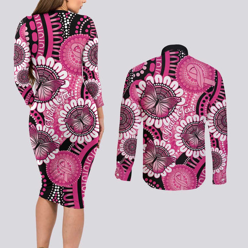 Personalised Australia Indigenous Couples Matching Long Sleeve Bodycon Dress and Long Sleeve Button Shirt Breast Cancer Ribbon Think Pink - Black Version LT14
