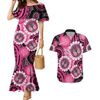 Personalised Australia Indigenous Couples Matching Mermaid Dress and Hawaiian Shirt Breast Cancer Ribbon Think Pink - Black Version LT14