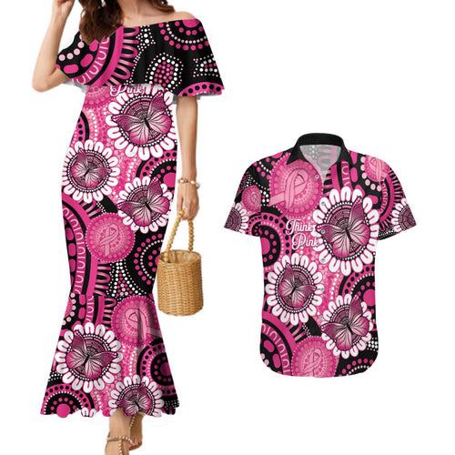 Personalised Australia Indigenous Couples Matching Mermaid Dress and Hawaiian Shirt Breast Cancer Ribbon Think Pink - Black Version LT14