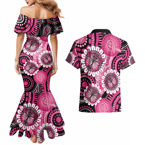 Personalised Australia Indigenous Couples Matching Mermaid Dress and Hawaiian Shirt Breast Cancer Ribbon Think Pink - Black Version LT14