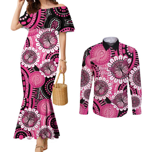 Personalised Australia Indigenous Couples Matching Mermaid Dress and Long Sleeve Button Shirt Breast Cancer Ribbon Think Pink - Black Version LT14