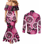 Personalised Australia Indigenous Couples Matching Mermaid Dress and Long Sleeve Button Shirt Breast Cancer Ribbon Think Pink - Black Version LT14