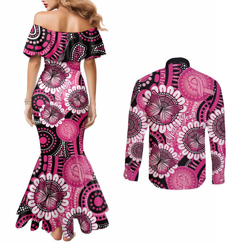 Personalised Australia Indigenous Couples Matching Mermaid Dress and Long Sleeve Button Shirt Breast Cancer Ribbon Think Pink - Black Version LT14