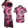 Personalised Australia Indigenous Couples Matching Off Shoulder Maxi Dress and Hawaiian Shirt Breast Cancer Ribbon Think Pink - Black Version LT14
