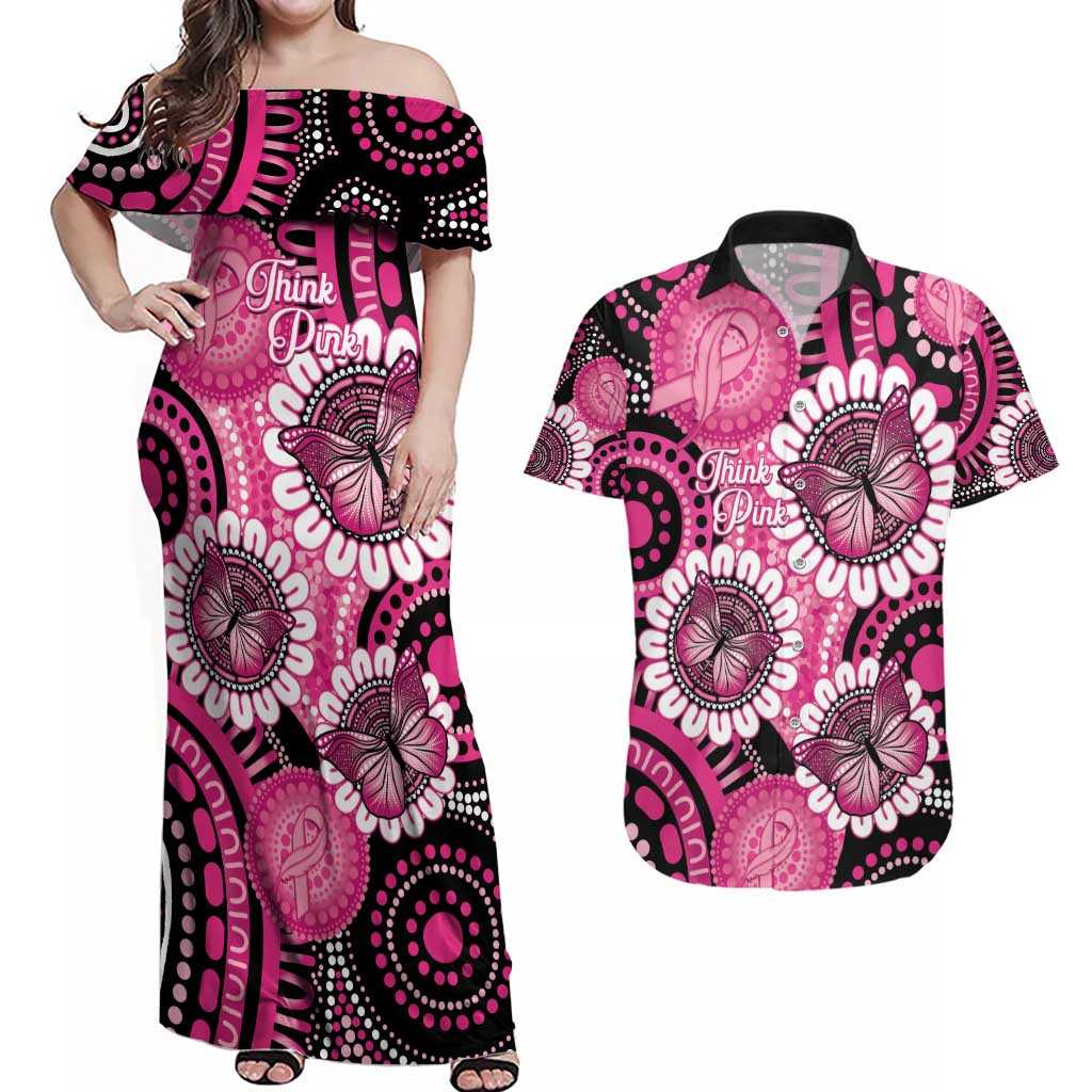 Personalised Australia Indigenous Couples Matching Off Shoulder Maxi Dress and Hawaiian Shirt Breast Cancer Ribbon Think Pink - Black Version LT14