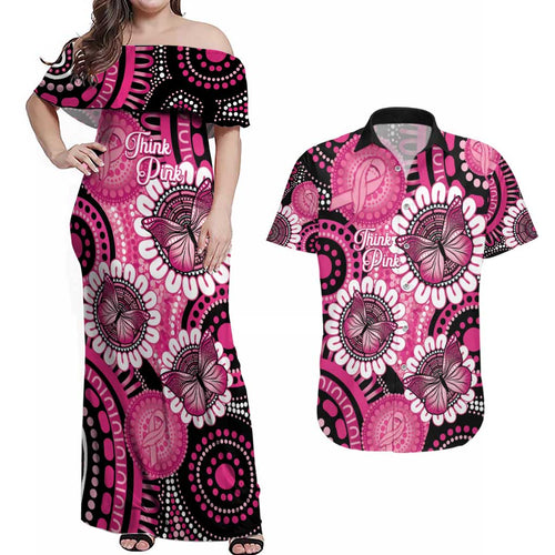 Personalised Australia Indigenous Couples Matching Off Shoulder Maxi Dress and Hawaiian Shirt Breast Cancer Ribbon Think Pink - Black Version LT14