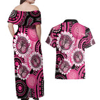 Personalised Australia Indigenous Couples Matching Off Shoulder Maxi Dress and Hawaiian Shirt Breast Cancer Ribbon Think Pink - Black Version LT14