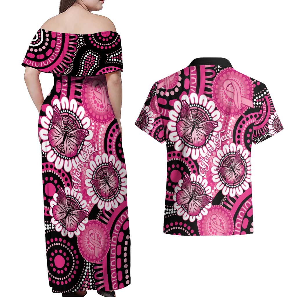 Personalised Australia Indigenous Couples Matching Off Shoulder Maxi Dress and Hawaiian Shirt Breast Cancer Ribbon Think Pink - Black Version LT14