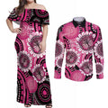Personalised Australia Indigenous Couples Matching Off Shoulder Maxi Dress and Long Sleeve Button Shirt Breast Cancer Ribbon Think Pink - Black Version LT14
