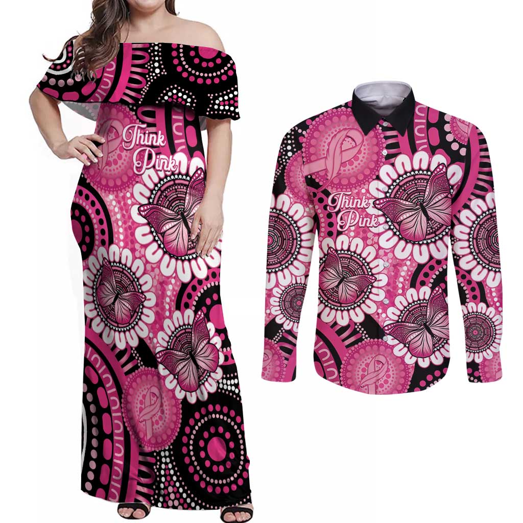 Personalised Australia Indigenous Couples Matching Off Shoulder Maxi Dress and Long Sleeve Button Shirt Breast Cancer Ribbon Think Pink - Black Version LT14