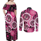 Personalised Australia Indigenous Couples Matching Off Shoulder Maxi Dress and Long Sleeve Button Shirt Breast Cancer Ribbon Think Pink - Black Version LT14