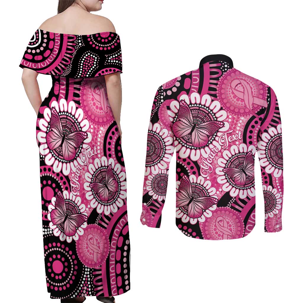 Personalised Australia Indigenous Couples Matching Off Shoulder Maxi Dress and Long Sleeve Button Shirt Breast Cancer Ribbon Think Pink - Black Version LT14