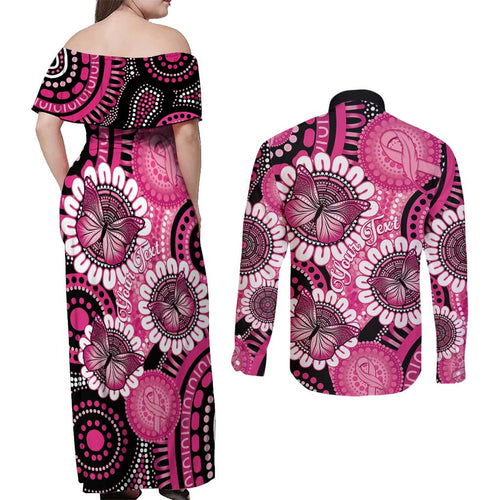 Personalised Australia Indigenous Couples Matching Off Shoulder Maxi Dress and Long Sleeve Button Shirt Breast Cancer Ribbon Think Pink - Black Version LT14