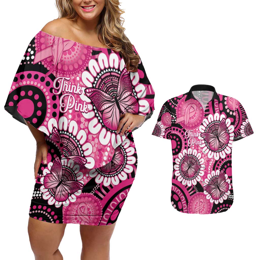 Personalised Australia Indigenous Couples Matching Off Shoulder Short Dress and Hawaiian Shirt Breast Cancer Ribbon Think Pink - Black Version LT14