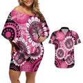 Personalised Australia Indigenous Couples Matching Off Shoulder Short Dress and Hawaiian Shirt Breast Cancer Ribbon Think Pink - Black Version LT14