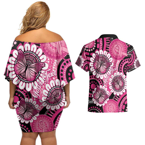 Personalised Australia Indigenous Couples Matching Off Shoulder Short Dress and Hawaiian Shirt Breast Cancer Ribbon Think Pink - Black Version LT14