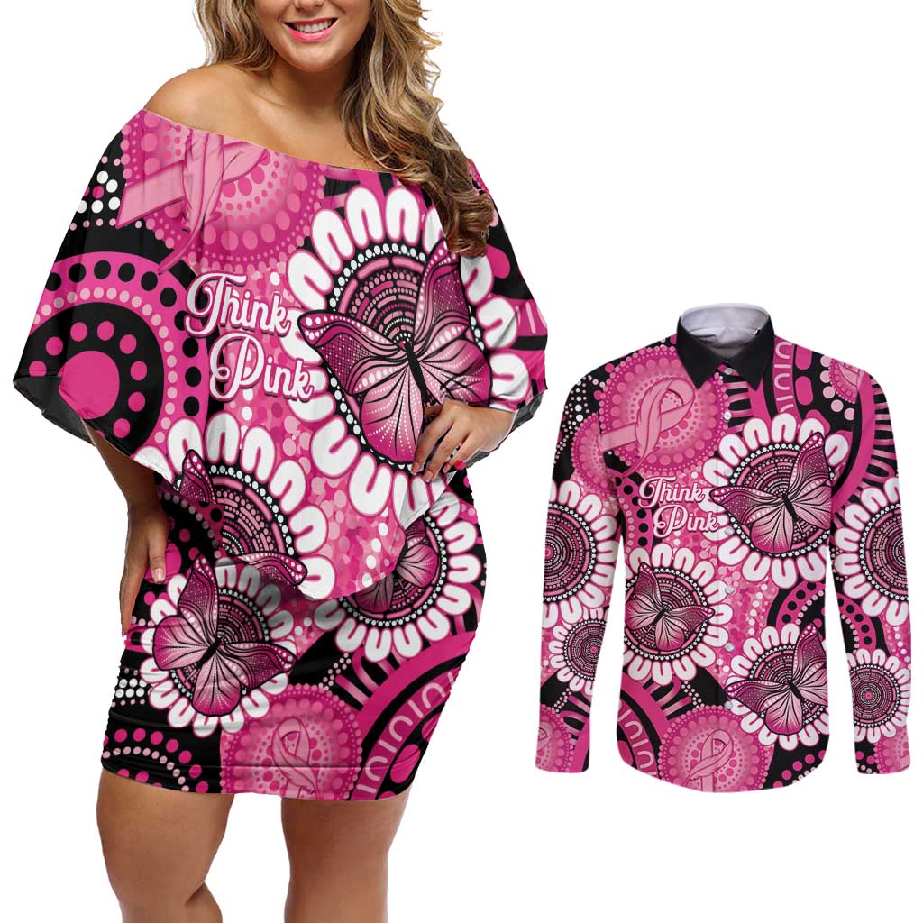 Personalised Australia Indigenous Couples Matching Off Shoulder Short Dress and Long Sleeve Button Shirt Breast Cancer Ribbon Think Pink - Black Version LT14