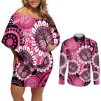 Personalised Australia Indigenous Couples Matching Off Shoulder Short Dress and Long Sleeve Button Shirt Breast Cancer Ribbon Think Pink - Black Version LT14