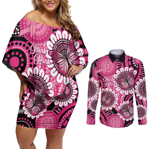 Personalised Australia Indigenous Couples Matching Off Shoulder Short Dress and Long Sleeve Button Shirt Breast Cancer Ribbon Think Pink - Black Version LT14