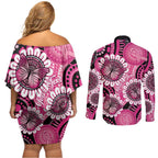 Personalised Australia Indigenous Couples Matching Off Shoulder Short Dress and Long Sleeve Button Shirt Breast Cancer Ribbon Think Pink - Black Version LT14