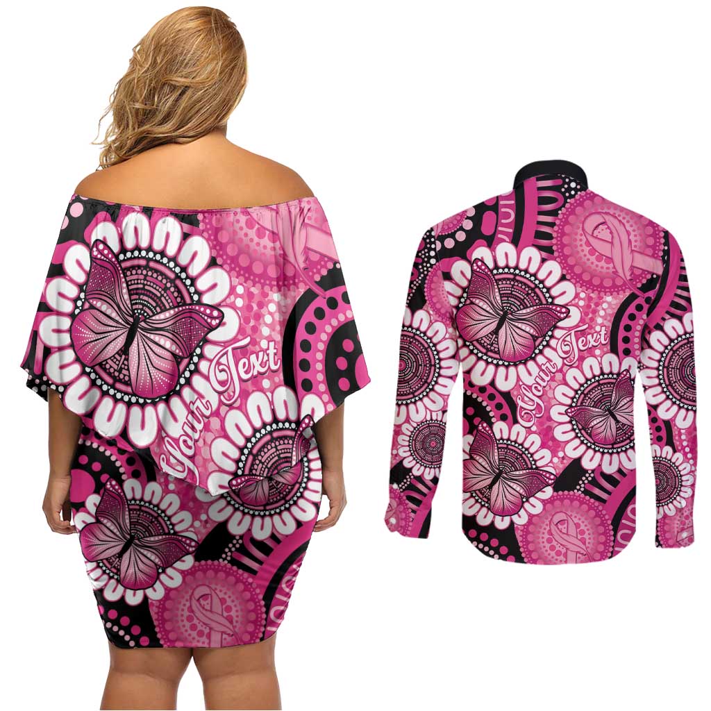 Personalised Australia Indigenous Couples Matching Off Shoulder Short Dress and Long Sleeve Button Shirt Breast Cancer Ribbon Think Pink - Black Version LT14