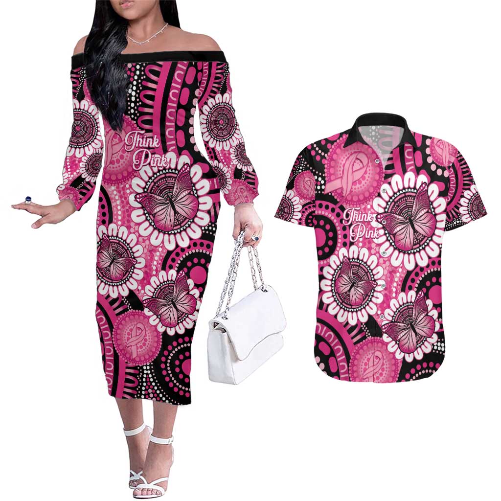 Personalised Australia Indigenous Couples Matching Off The Shoulder Long Sleeve Dress and Hawaiian Shirt Breast Cancer Ribbon Think Pink - Black Version LT14