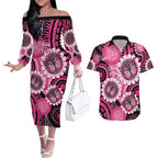 Personalised Australia Indigenous Couples Matching Off The Shoulder Long Sleeve Dress and Hawaiian Shirt Breast Cancer Ribbon Think Pink - Black Version LT14