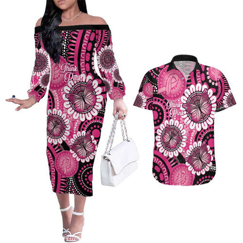 Personalised Australia Indigenous Couples Matching Off The Shoulder Long Sleeve Dress and Hawaiian Shirt Breast Cancer Ribbon Think Pink - Black Version LT14