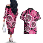 Personalised Australia Indigenous Couples Matching Off The Shoulder Long Sleeve Dress and Hawaiian Shirt Breast Cancer Ribbon Think Pink - Black Version LT14