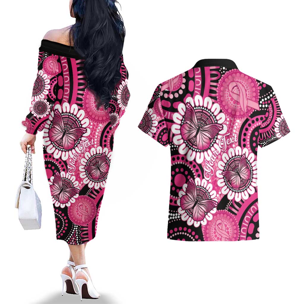 Personalised Australia Indigenous Couples Matching Off The Shoulder Long Sleeve Dress and Hawaiian Shirt Breast Cancer Ribbon Think Pink - Black Version LT14