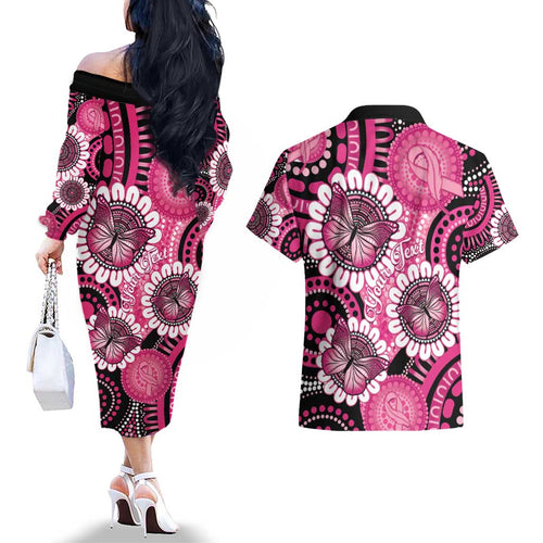 Personalised Australia Indigenous Couples Matching Off The Shoulder Long Sleeve Dress and Hawaiian Shirt Breast Cancer Ribbon Think Pink - Black Version LT14