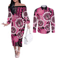 Personalised Australia Indigenous Couples Matching Off The Shoulder Long Sleeve Dress and Long Sleeve Button Shirt Breast Cancer Ribbon Think Pink - Black Version LT14