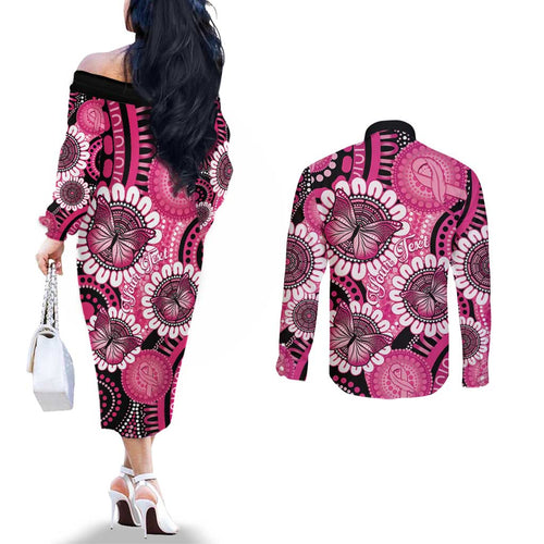 Personalised Australia Indigenous Couples Matching Off The Shoulder Long Sleeve Dress and Long Sleeve Button Shirt Breast Cancer Ribbon Think Pink - Black Version LT14