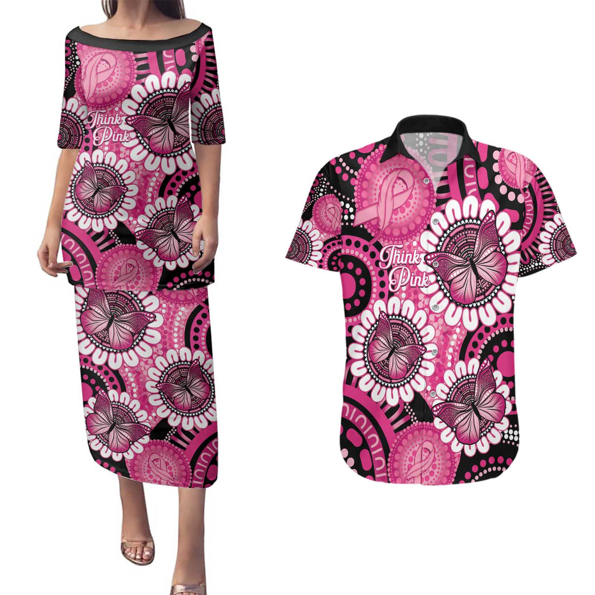 Personalised Australia Indigenous Couples Matching Puletasi and Hawaiian Shirt Breast Cancer Ribbon Think Pink - Black Version LT14