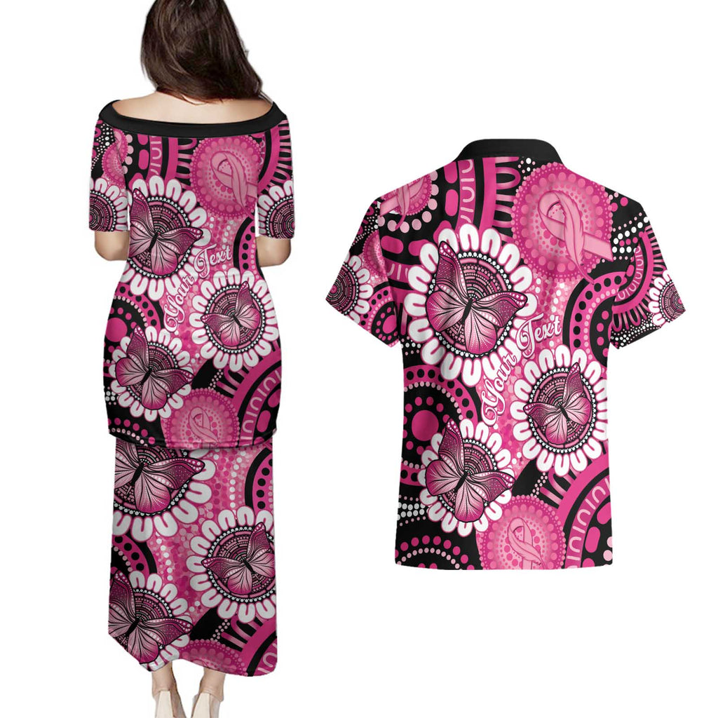 Personalised Australia Indigenous Couples Matching Puletasi and Hawaiian Shirt Breast Cancer Ribbon Think Pink - Black Version LT14
