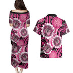 Personalised Australia Indigenous Couples Matching Puletasi and Hawaiian Shirt Breast Cancer Ribbon Think Pink - Black Version LT14
