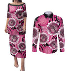 Personalised Australia Indigenous Couples Matching Puletasi and Long Sleeve Button Shirt Breast Cancer Ribbon Think Pink - Black Version LT14
