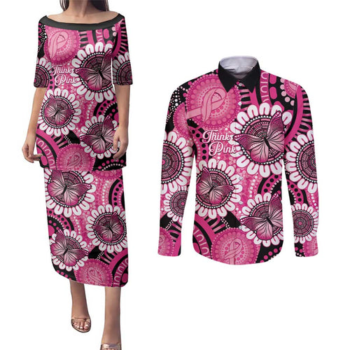 Personalised Australia Indigenous Couples Matching Puletasi and Long Sleeve Button Shirt Breast Cancer Ribbon Think Pink - Black Version LT14