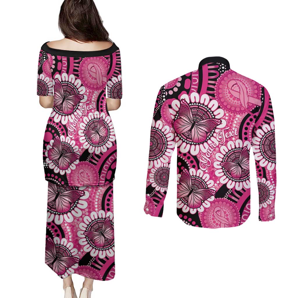 Personalised Australia Indigenous Couples Matching Puletasi and Long Sleeve Button Shirt Breast Cancer Ribbon Think Pink - Black Version LT14