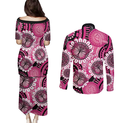 Personalised Australia Indigenous Couples Matching Puletasi and Long Sleeve Button Shirt Breast Cancer Ribbon Think Pink - Black Version LT14